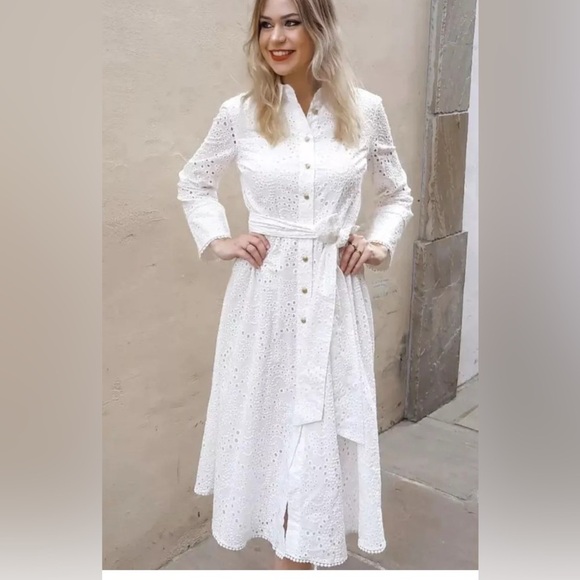 Zara embroidered perforated eyelet A-Line cotton Shirt Dress with long sleeves - Picture 12 of 12